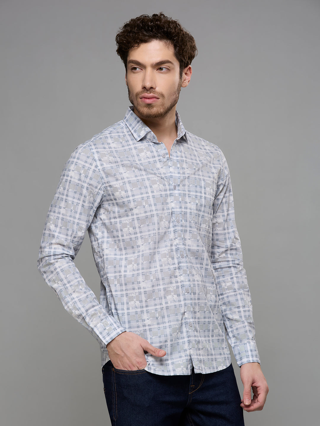Men's Grey Printed Slim Fit Shirts