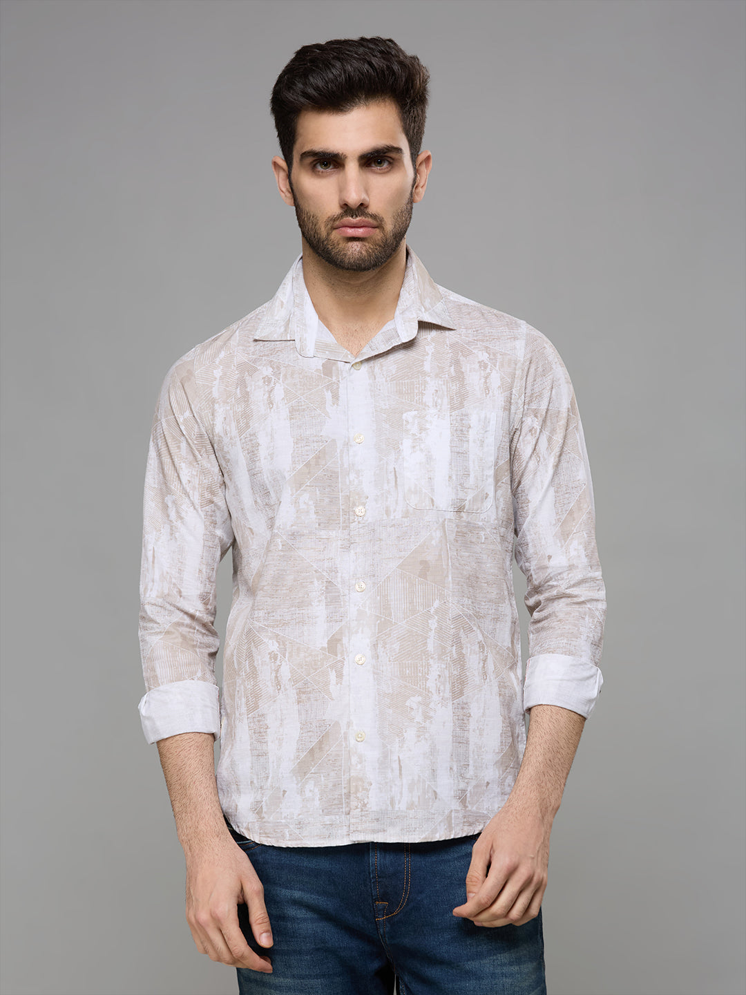 Men's Khaki Printed Slim Fit Shirts