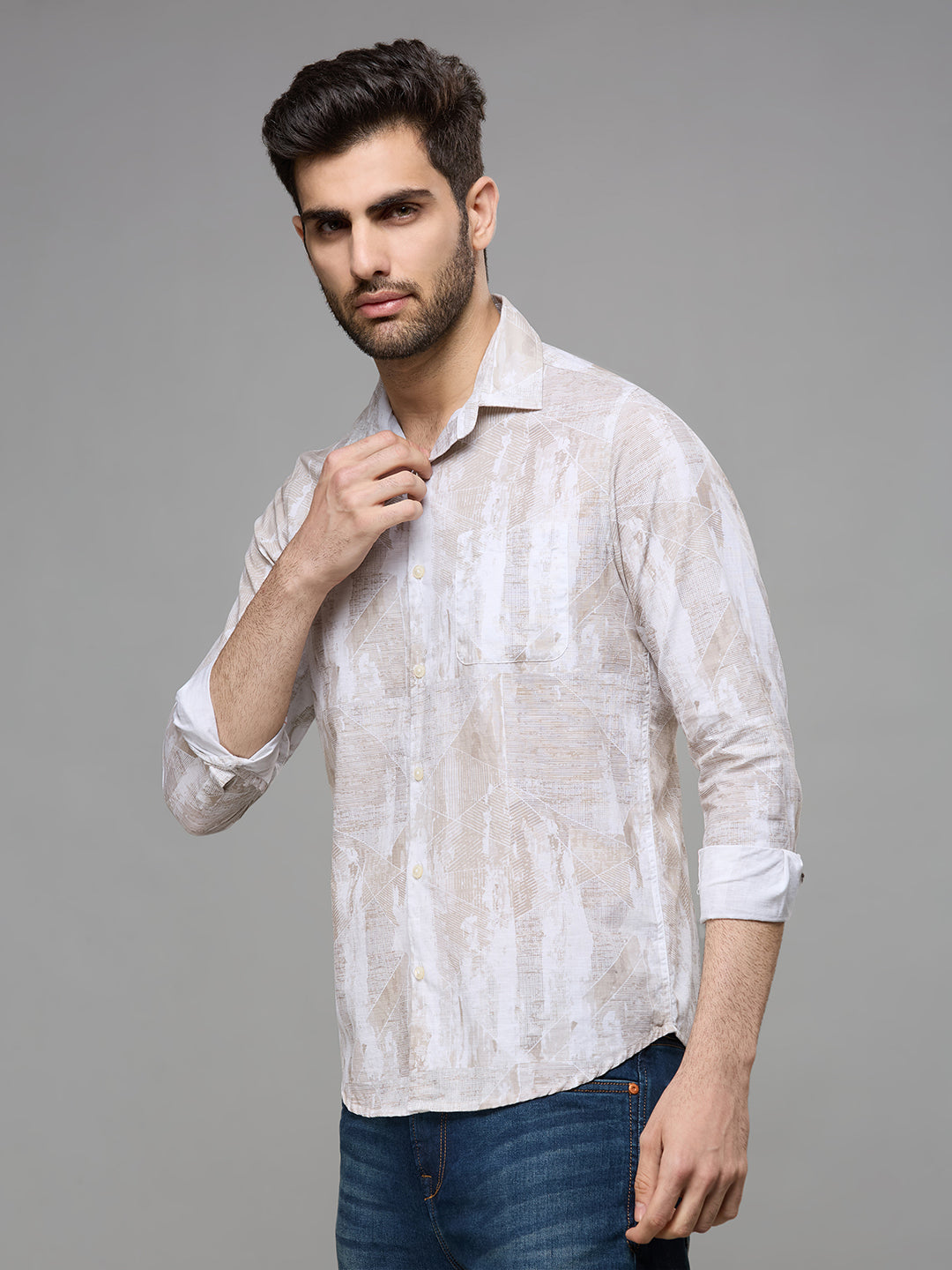 Men's Khaki Printed Slim Fit Shirts