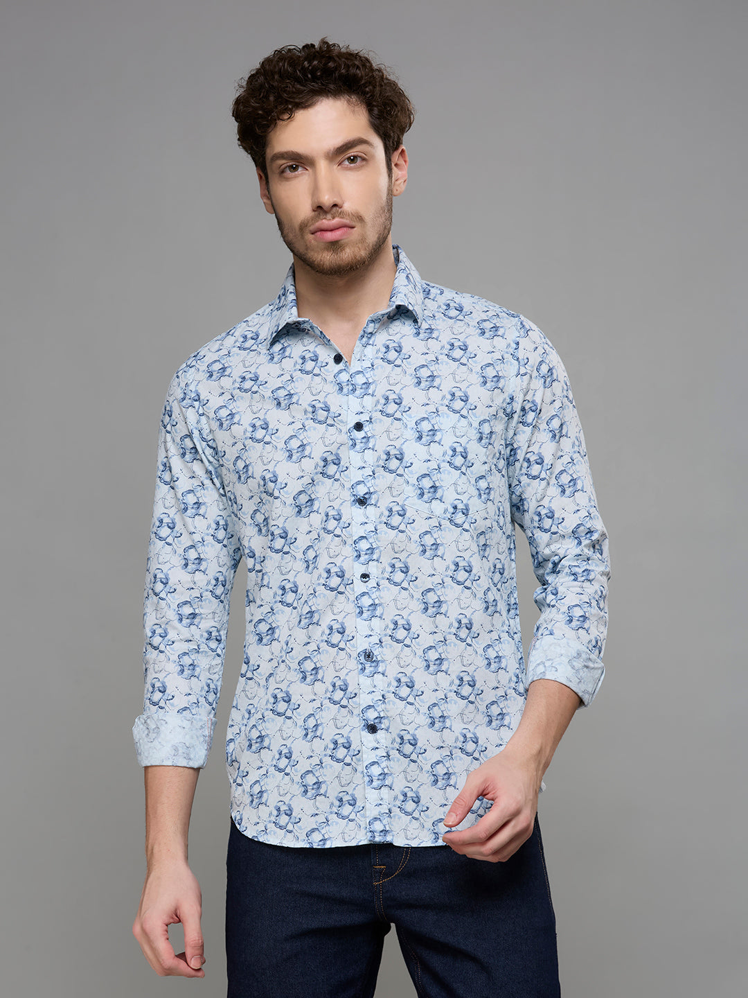 Men's Blue Printed Slim Fit Shirts