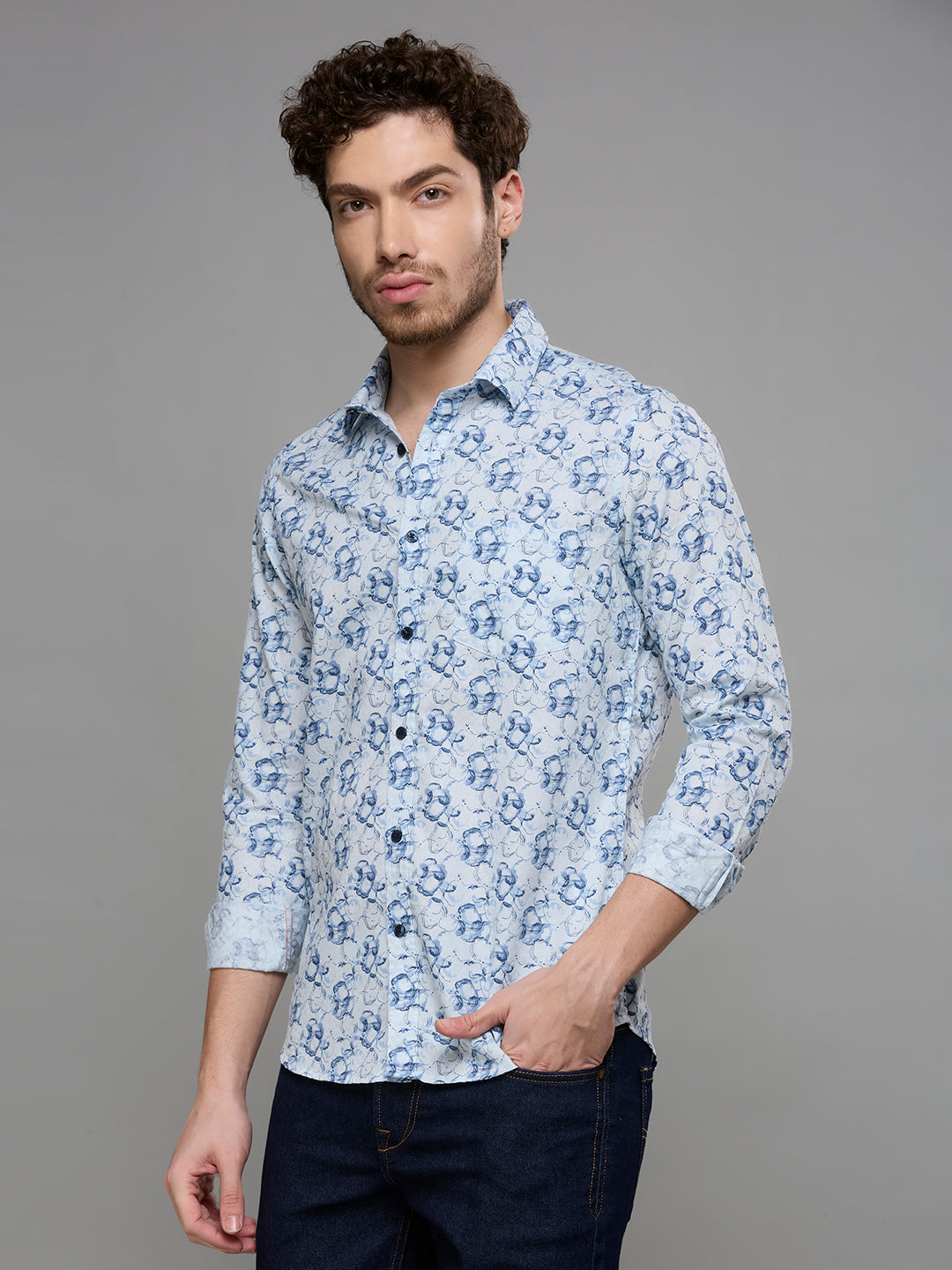 Men's Blue Printed Slim Fit Shirts