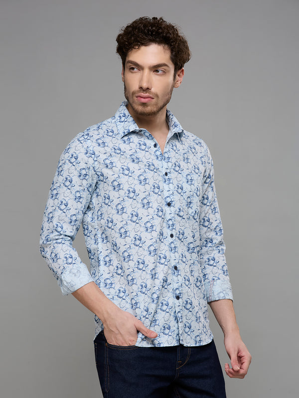 Men's Blue Printed Slim Fit Shirts