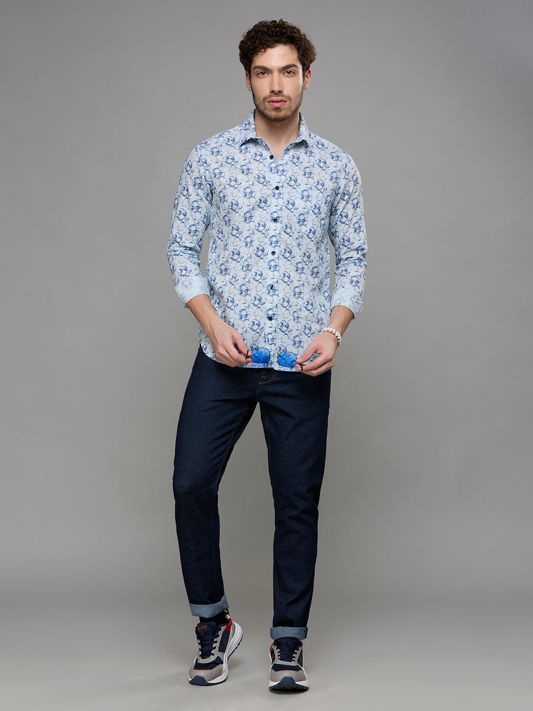 Men's Blue Printed Slim Fit Shirts