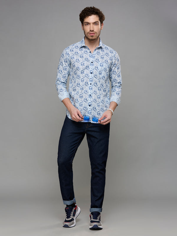Men's Blue Printed Slim Fit Shirts