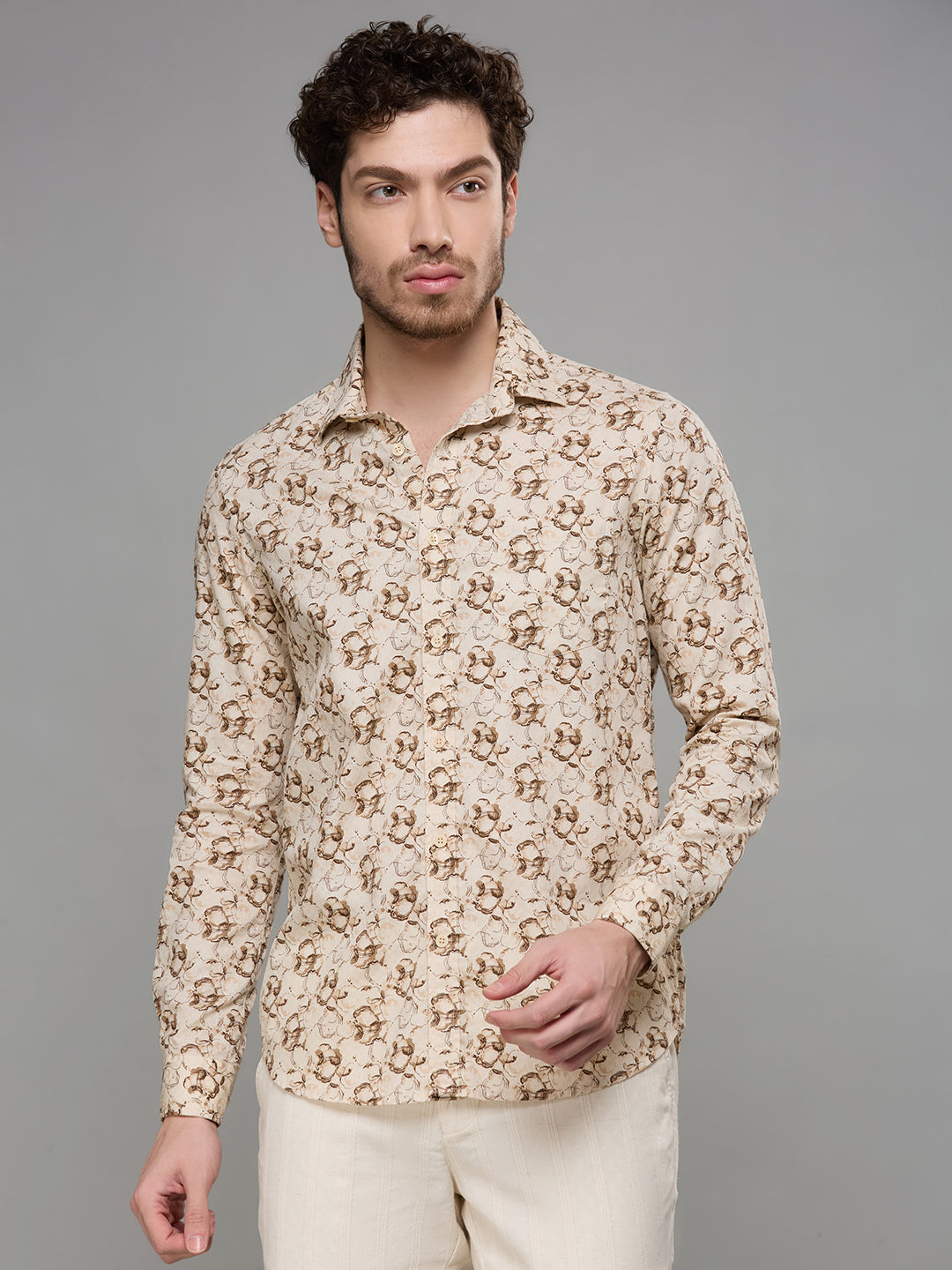 Men's Beige Printed Slim Fit Shirts