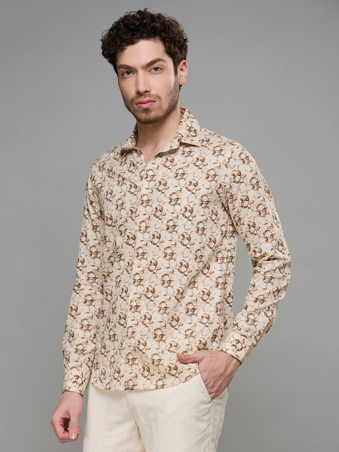 Men's Beige Printed Slim Fit Shirts