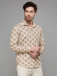 Men's Beige Printed Slim Fit Shirts
