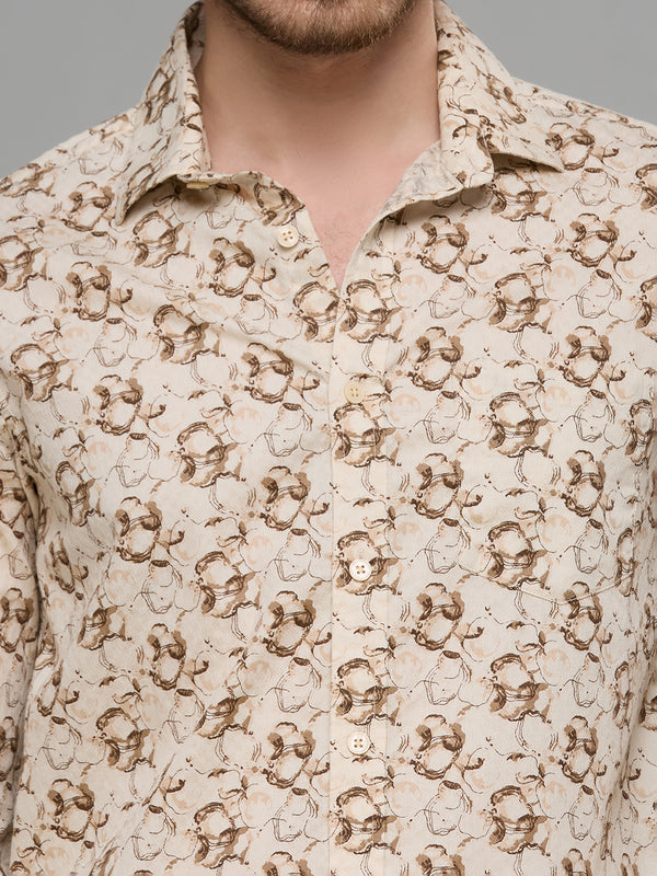 Men's Beige Printed Slim Fit Shirts