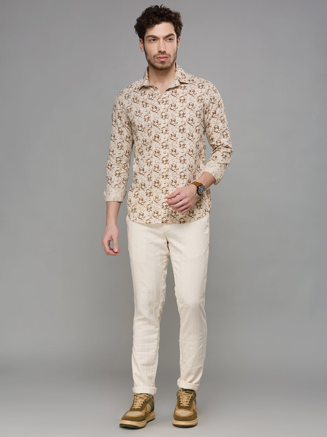 Men's Beige Printed Slim Fit Shirts