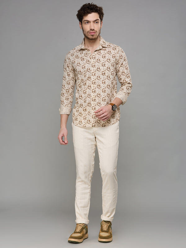 Men's Beige Printed Slim Fit Shirts