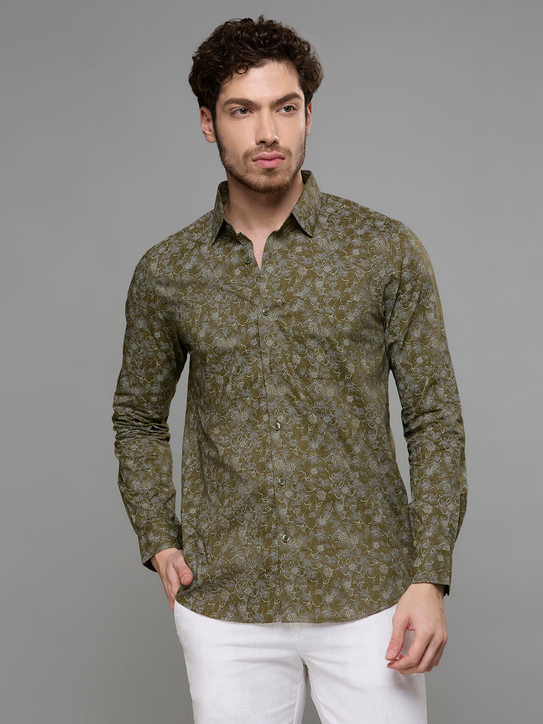 Men's Olive Printed Slim Fit Shirts