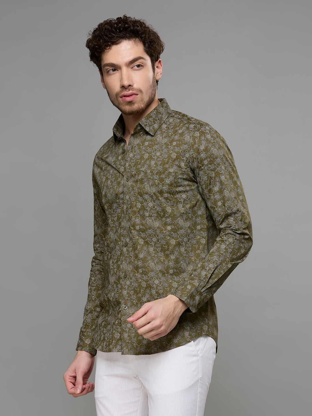 Men's Olive Printed Slim Fit Shirts