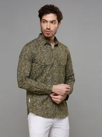 Men's Olive Printed Slim Fit Shirts