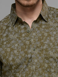 Men's Olive Printed Slim Fit Shirts