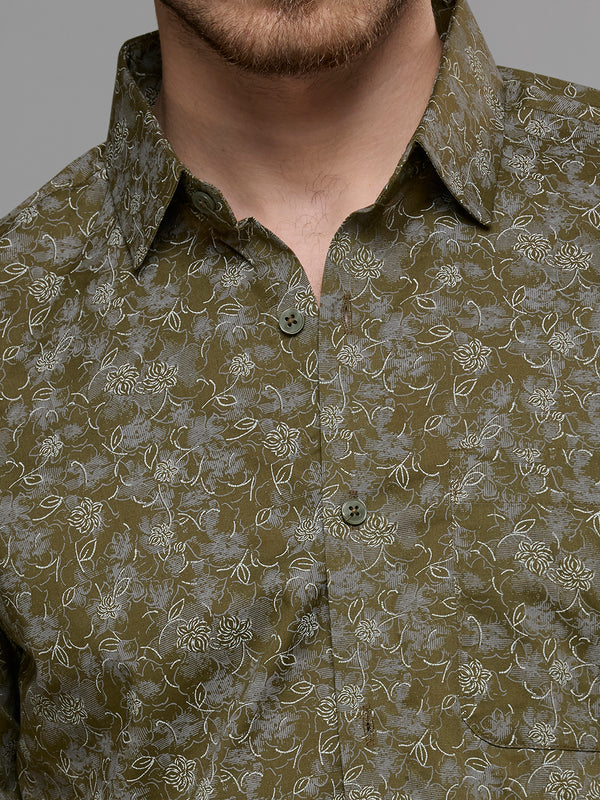 Men's Olive Printed Slim Fit Shirts
