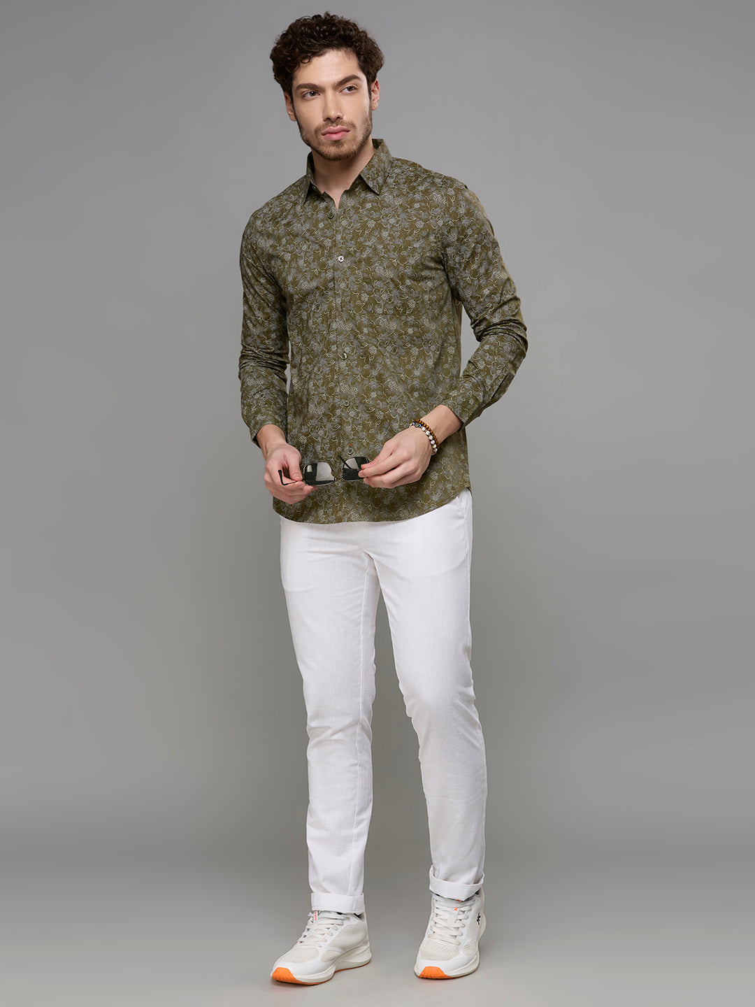 Men's Olive Printed Slim Fit Shirts