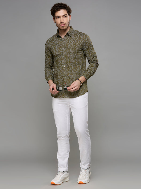 Men's Olive Printed Slim Fit Shirts
