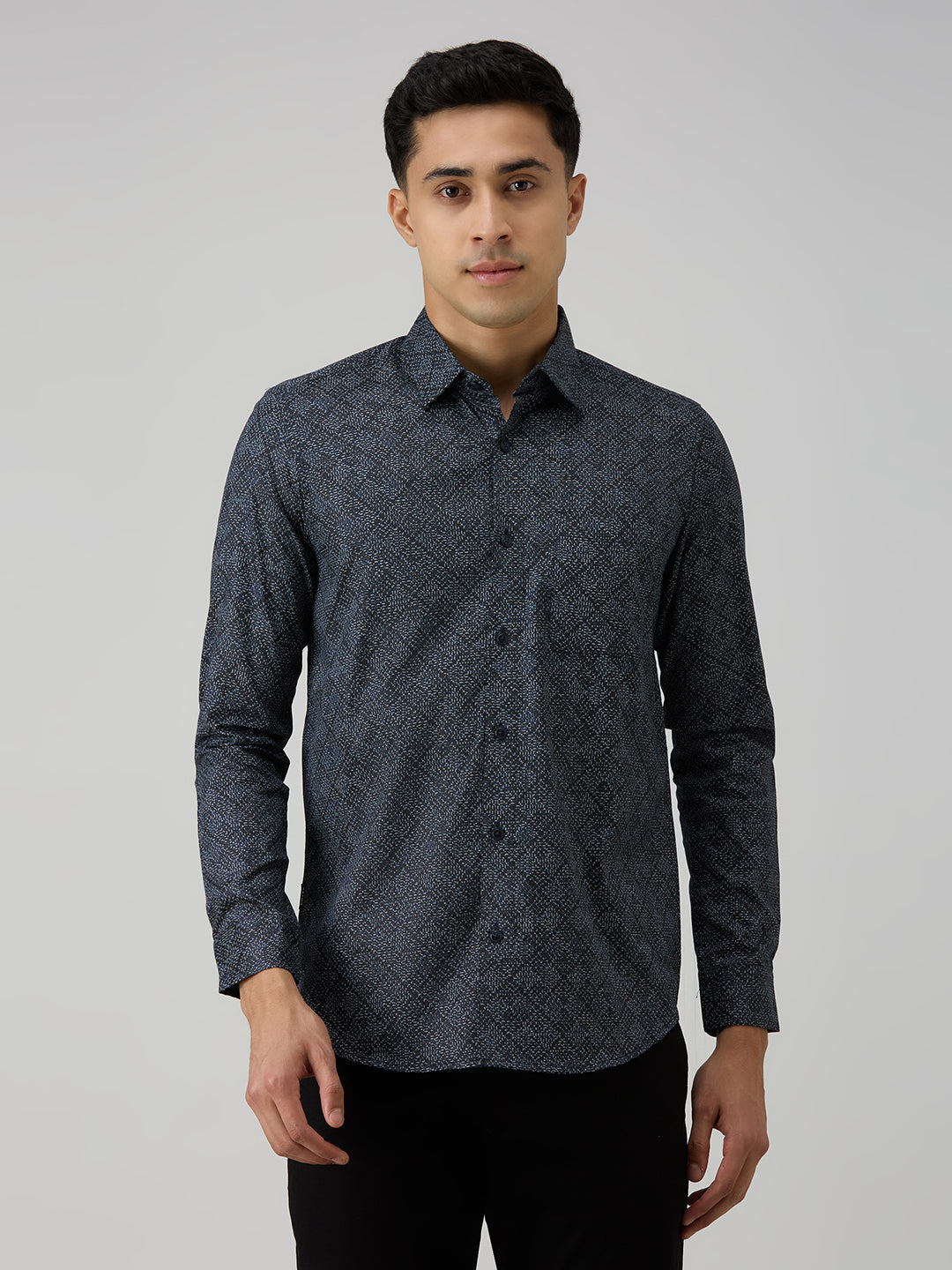Men's Navy Blue Printed Slim Fit Shirts