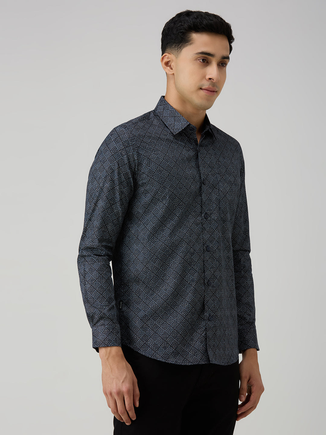 Men's Navy Blue Printed Slim Fit Shirts
