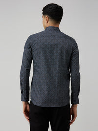 Men's Navy Blue Printed Slim Fit Shirts