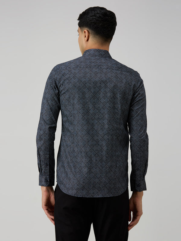 Men's Navy Blue Printed Slim Fit Shirts