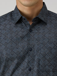 Men's Navy Blue Printed Slim Fit Shirts