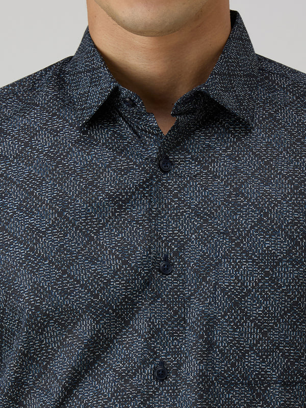 Men's Navy Blue Printed Slim Fit Shirts