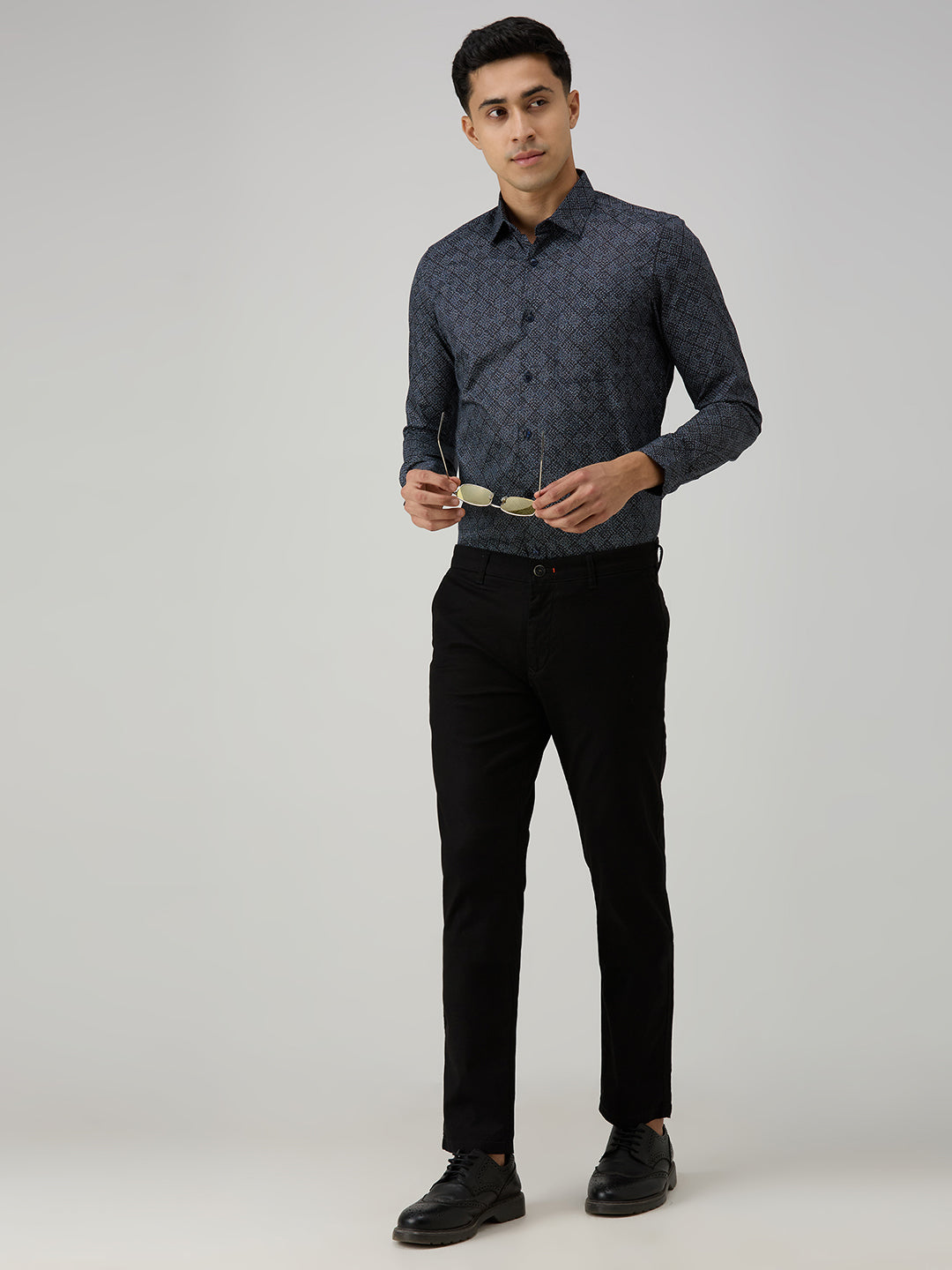 Men's Navy Blue Printed Slim Fit Shirts