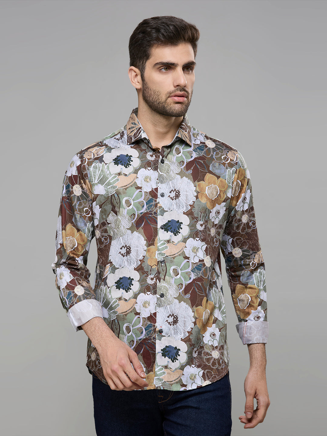 Men's Brown Printed Slim Fit Shirts