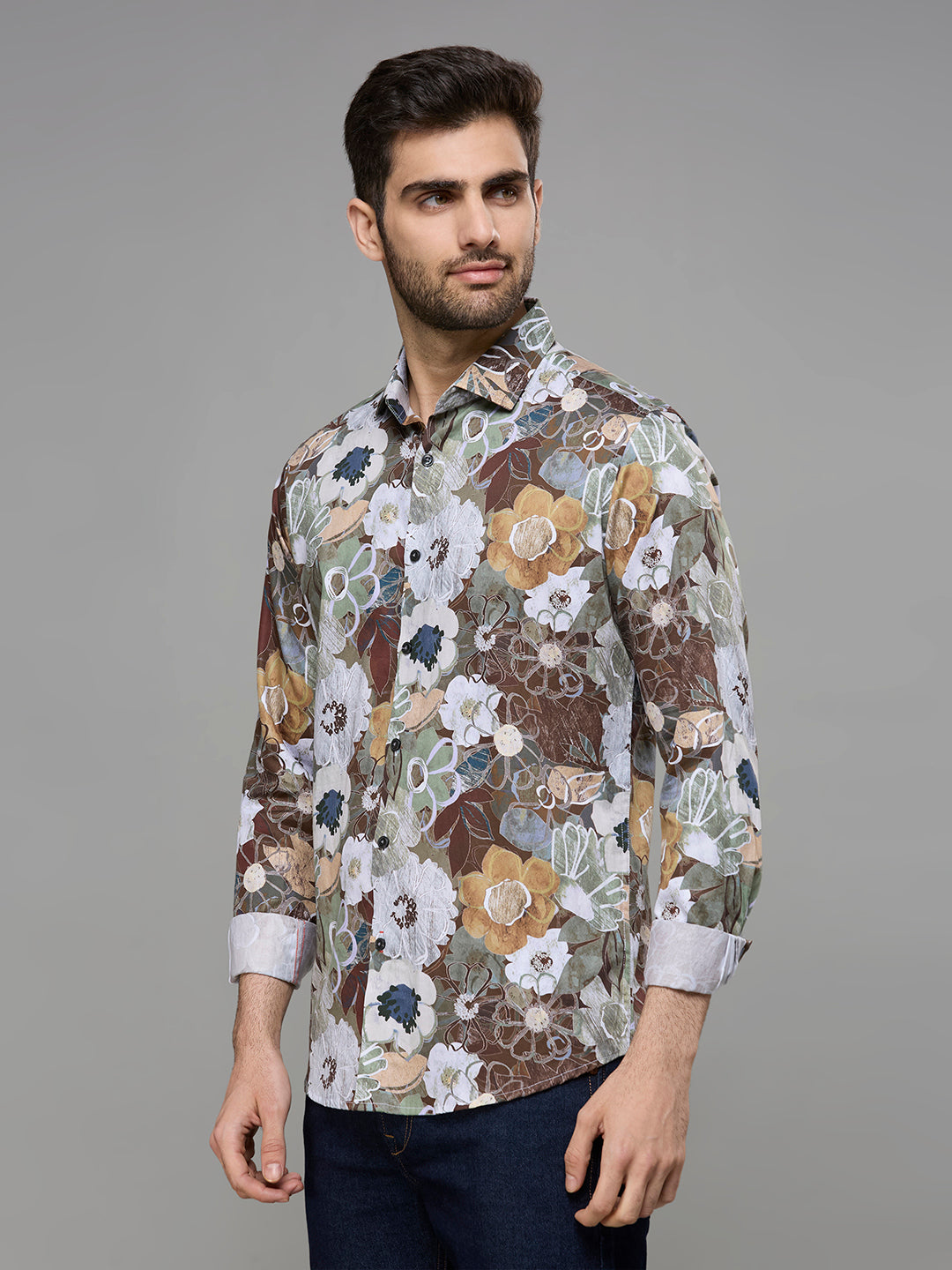 Men's Brown Printed Slim Fit Shirts