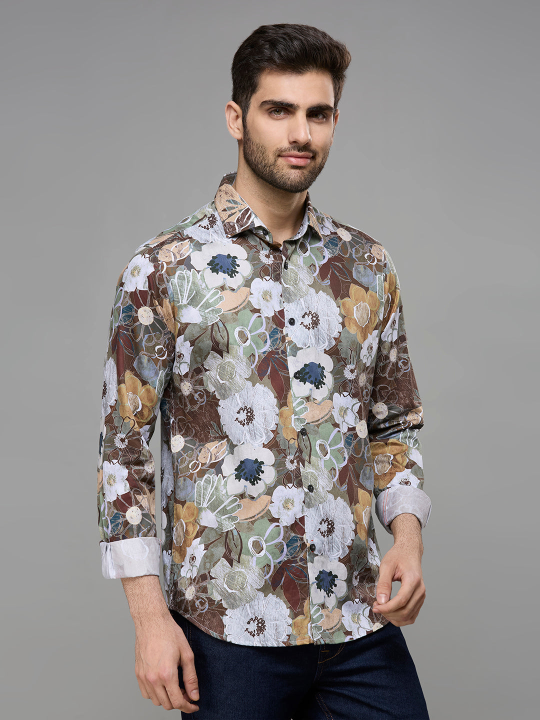 Men's Brown Printed Slim Fit Shirts