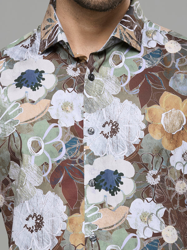 Men's Brown Printed Slim Fit Shirts