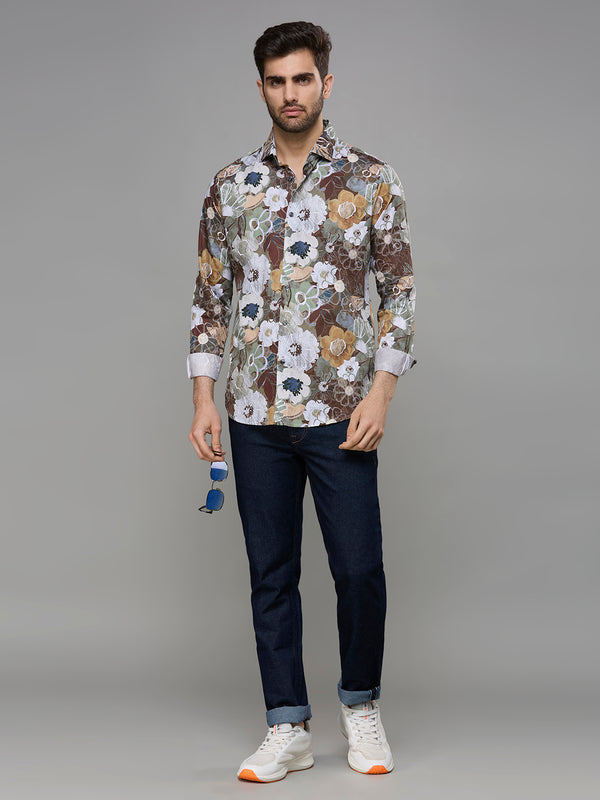 Men's Brown Printed Slim Fit Shirts