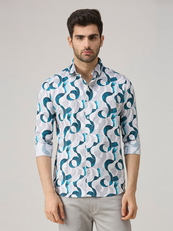 Men's White Printed Slim Fit Shirts
