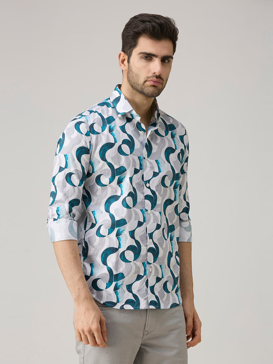 Men's White Printed Slim Fit Shirts