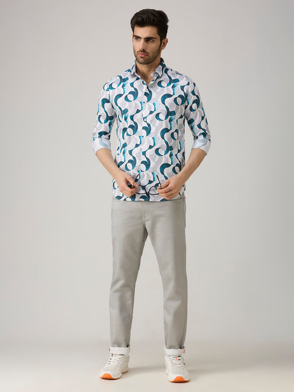 Men's White Printed Slim Fit Shirts