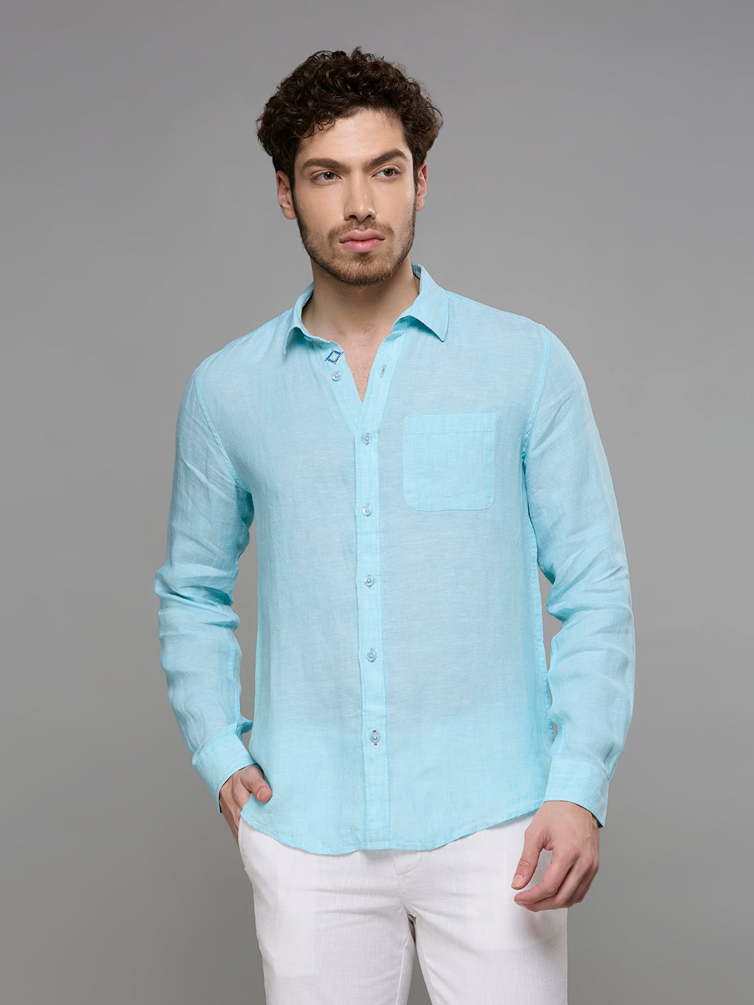 Men's Turquoise Solid Slim Fit Shirts