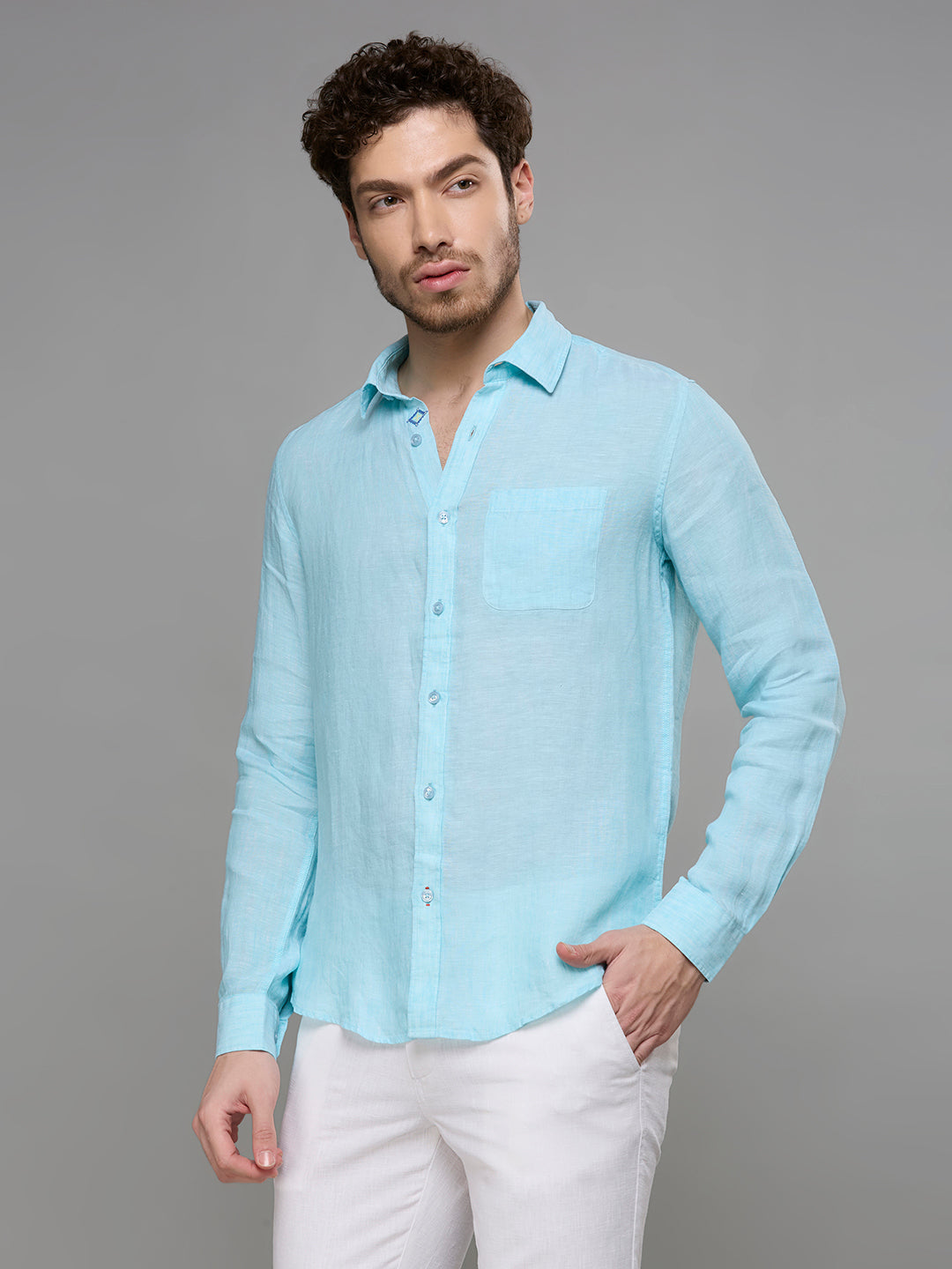 Men's Turquoise Solid Slim Fit Shirts