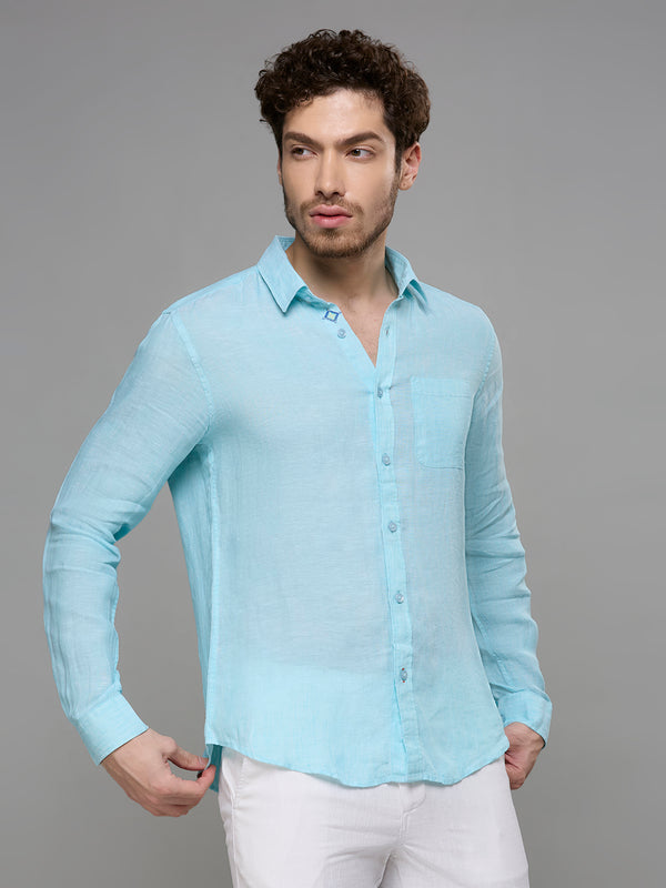 Men's Turquoise Solid Slim Fit Shirts