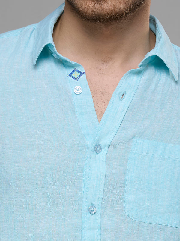 Men's Turquoise Solid Slim Fit Shirts