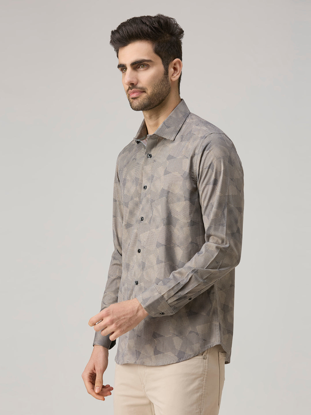 Men's Khaki Printed Slim Fit Shirts