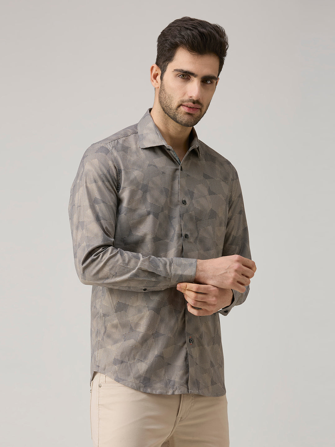 Men's Khaki Printed Slim Fit Shirts