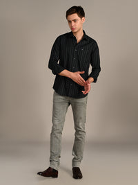 Men's Dark Green Stripe Slim Fit Shirts