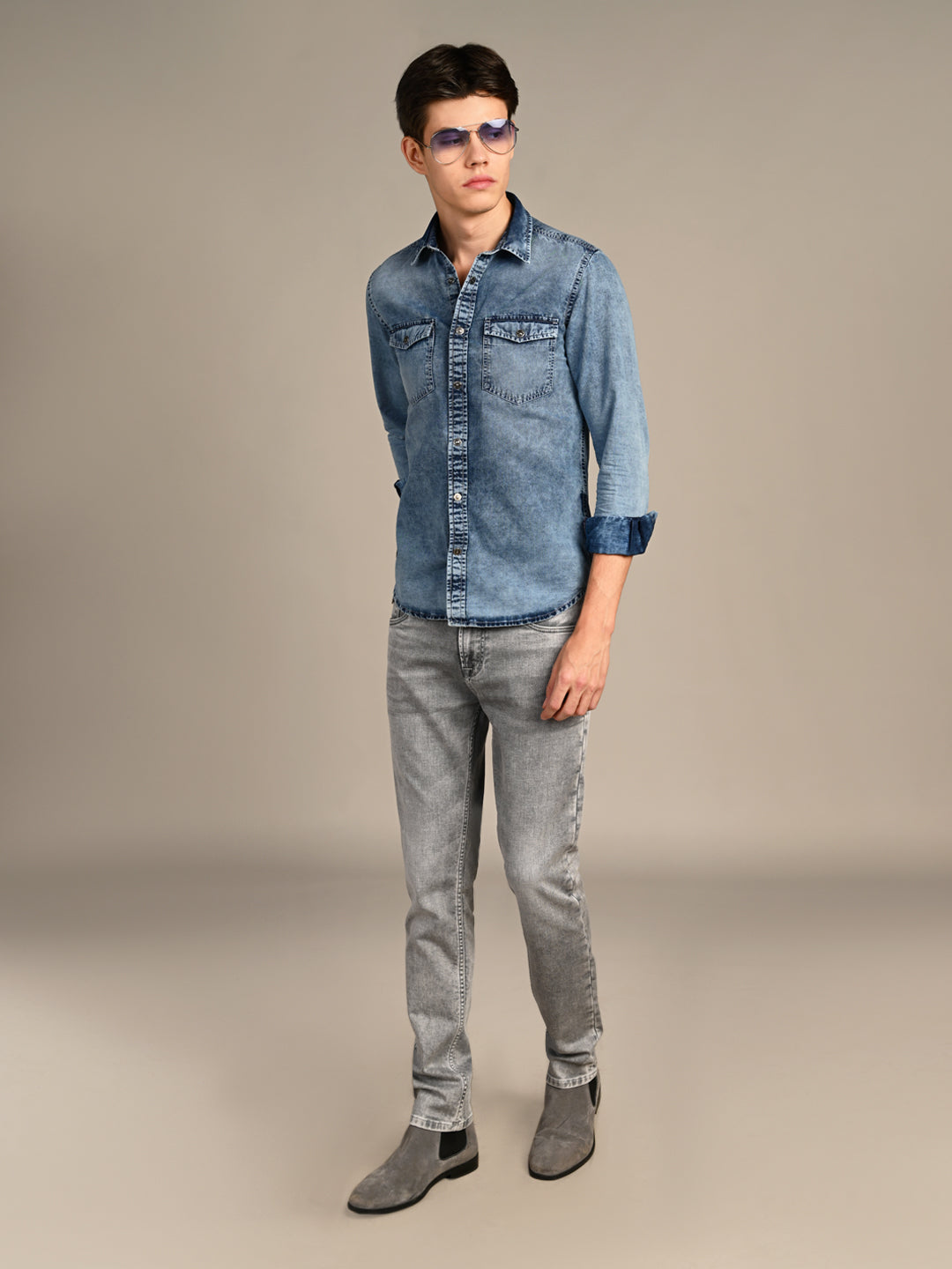 Men's Light Blue Solid Slim Fit Shirts