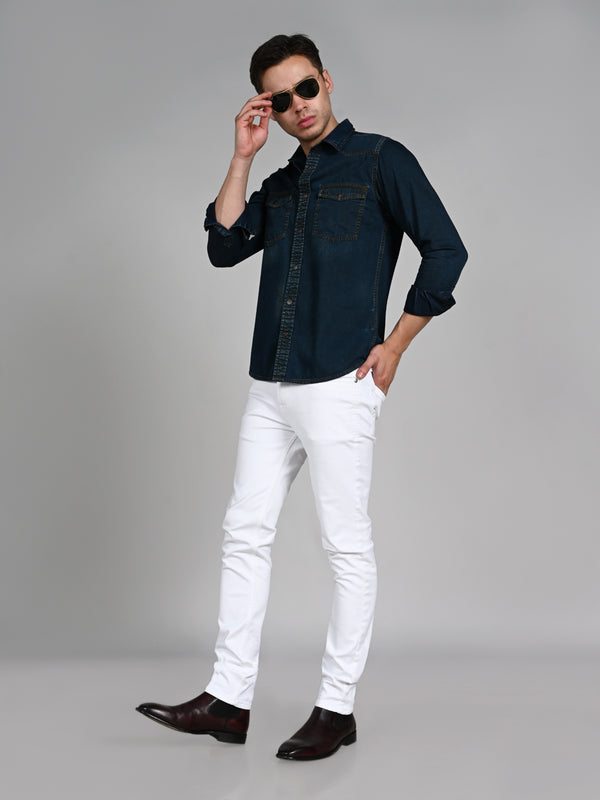Men's Dark Blue Solid Slim Fit Shirts