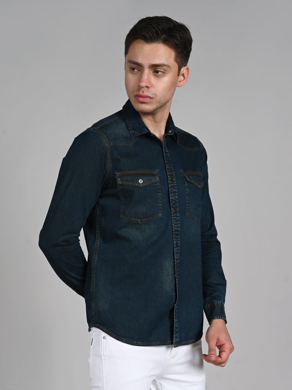 Men's Dark Blue Solid Slim Fit Shirts