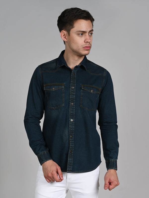 Men's Dark Blue Solid Slim Fit Shirts