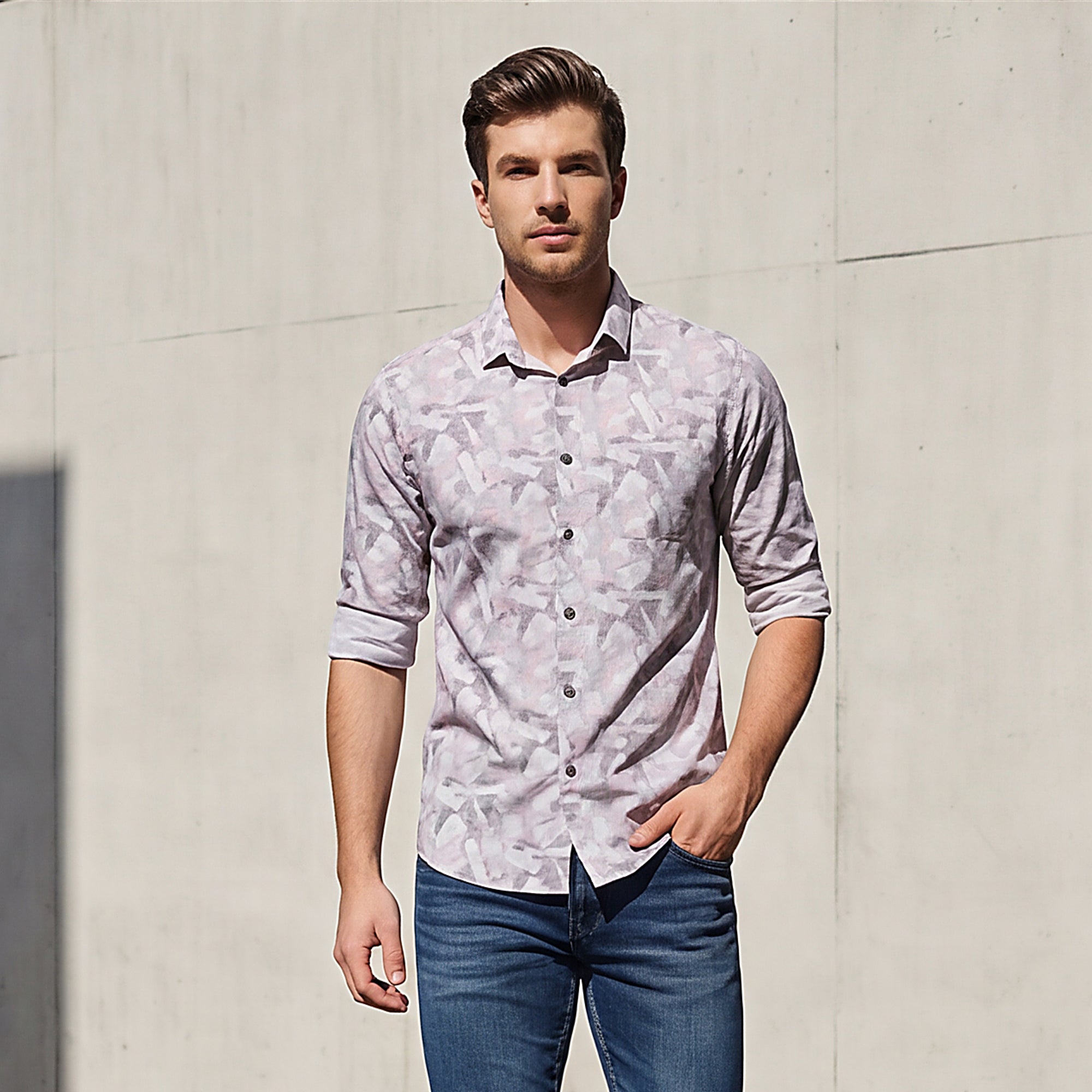 Full sleeves Slim Fit Grey Abstract Geometric Print Shirt