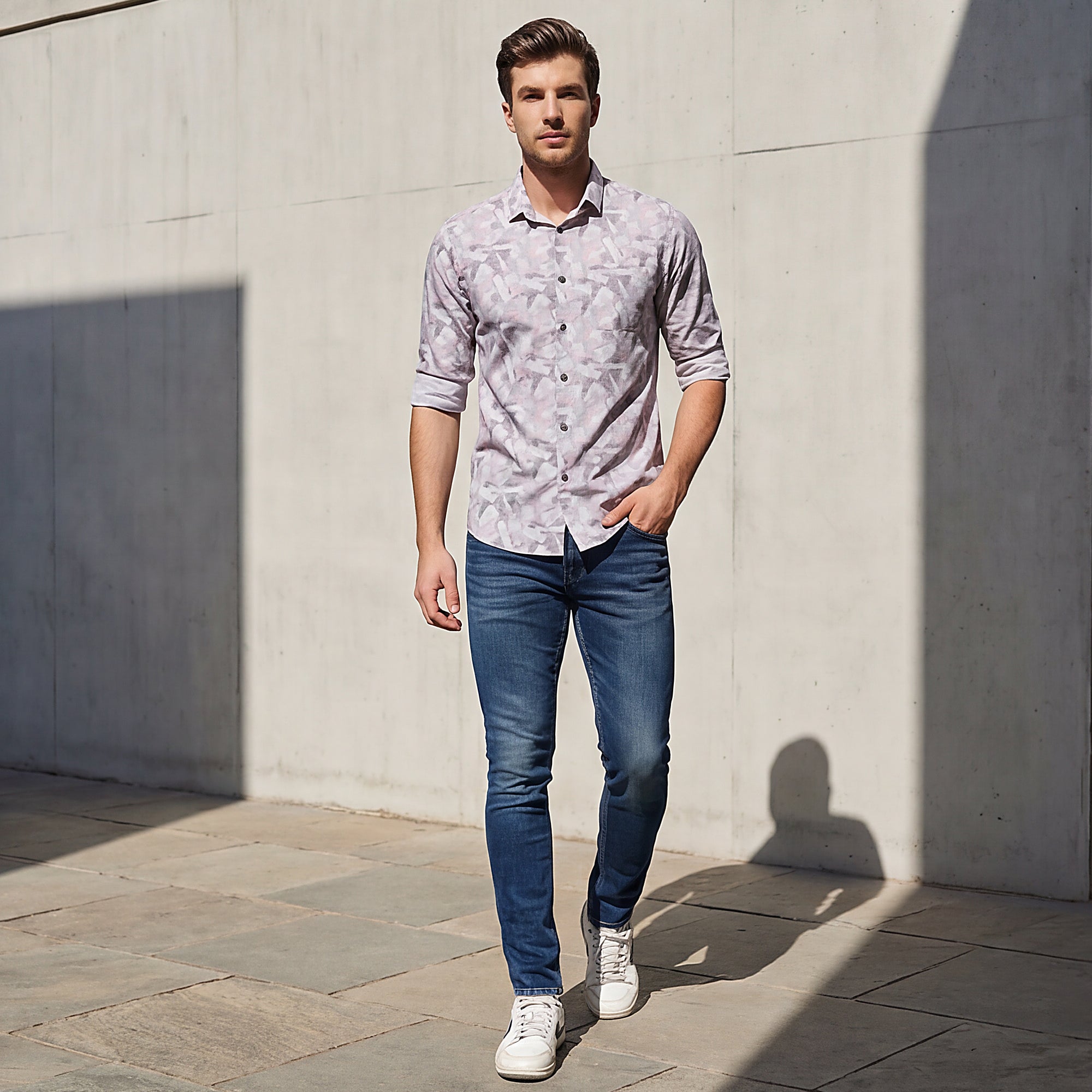 Full sleeves Slim Fit Grey Abstract Geometric Print Shirt