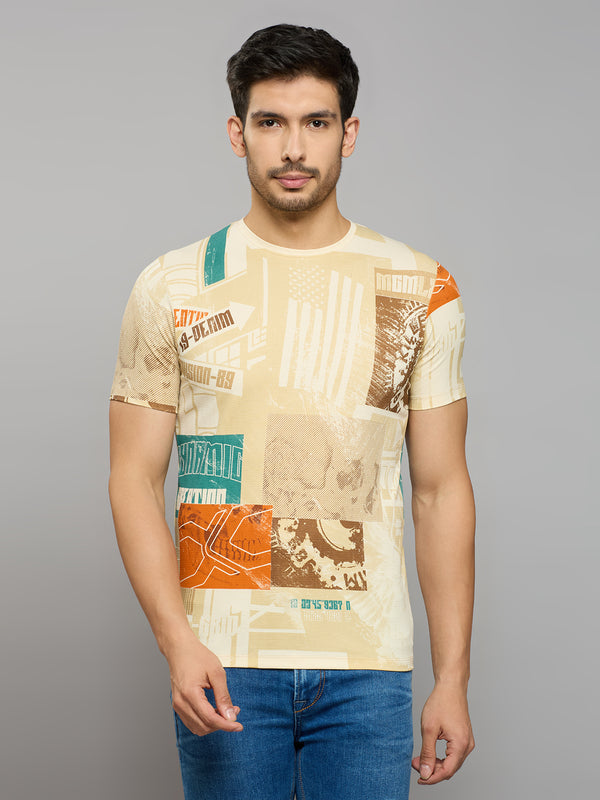 Men's Beige Printed Slim Fit T-Shirts